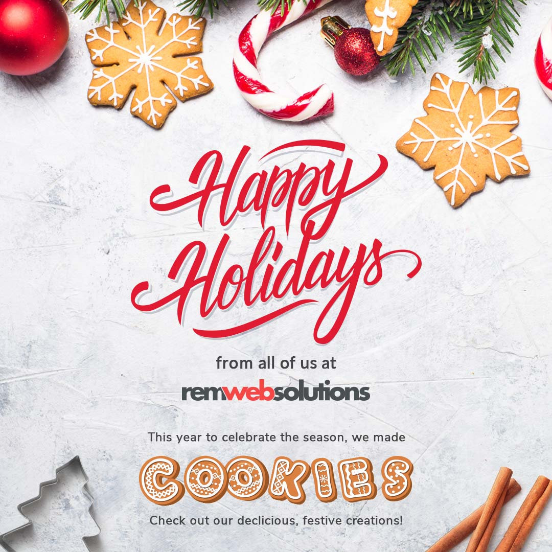 REM Web Solutions Holiday Cookies text on holiday themed background